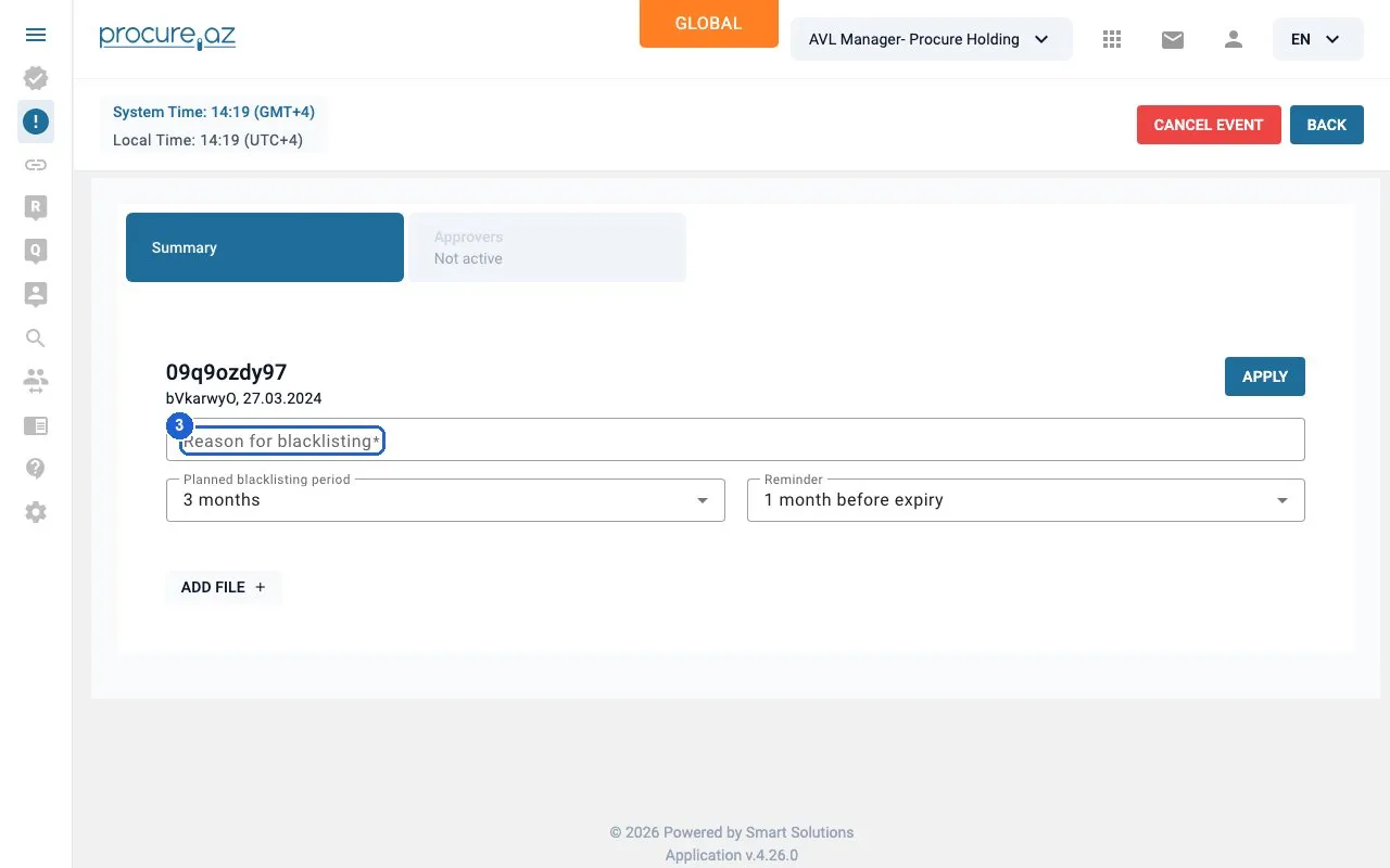 Step 3: Enter the reason — click “Reason for blacklisting”.
