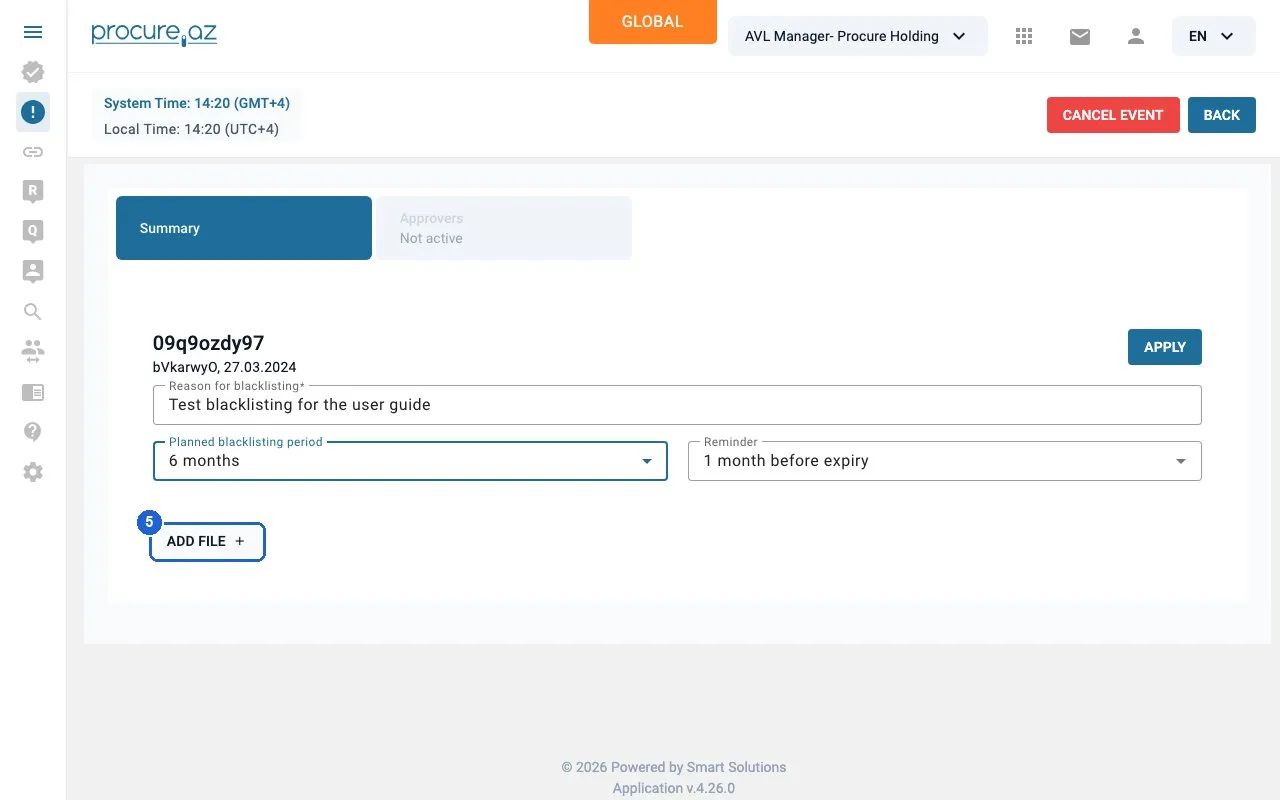 Step 5: Attach supporting files (optional) — click “ADD FILE add”.